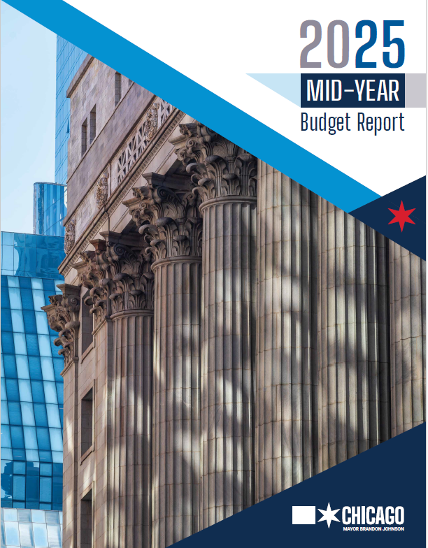 Cover of the 2025 Mid-Year Budget Report depicting the pillars of Chicago's City hall.